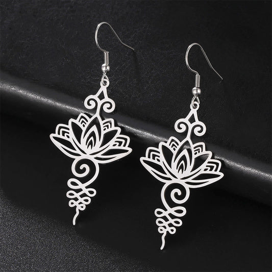 Wear FengShui Hollow Lotus Flower Stainless Steel Enlightenment Metal Drop Earrings
