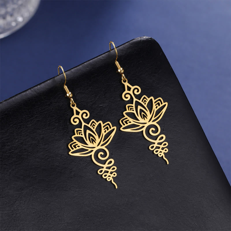 Wear FengShui Hollow Lotus Flower Stainless Steel Enlightenment Metal Drop Earrings