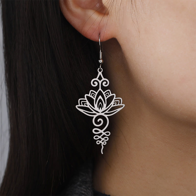 Wear FengShui Hollow Lotus Flower Stainless Steel Enlightenment Metal Drop Earrings