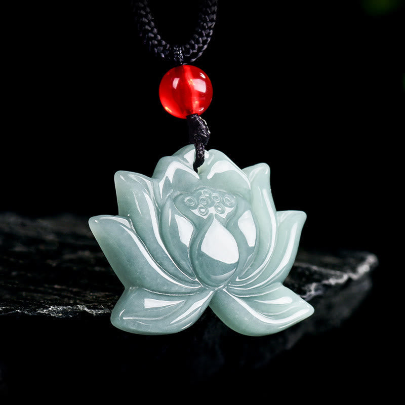 Wear FengShui Lotus Flower Pattern Carved Jade Prosperity Necklace Pendant