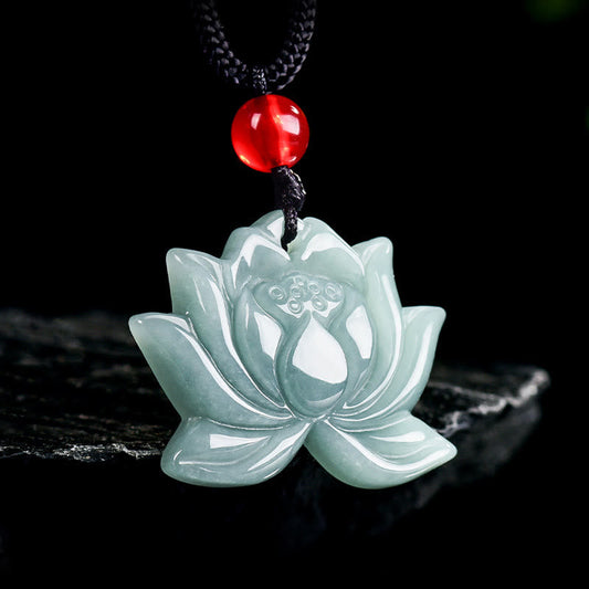 Wear FengShui Lotus Flower Pattern Carved Jade Prosperity Necklace Pendant