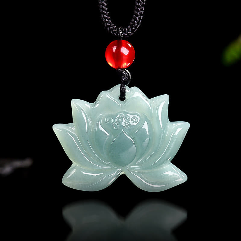 Wear FengShui Lotus Flower Pattern Carved Jade Prosperity Necklace Pendant