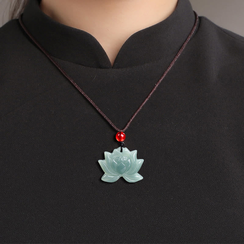 Wear FengShui Lotus Flower Pattern Carved Jade Prosperity Necklace Pendant