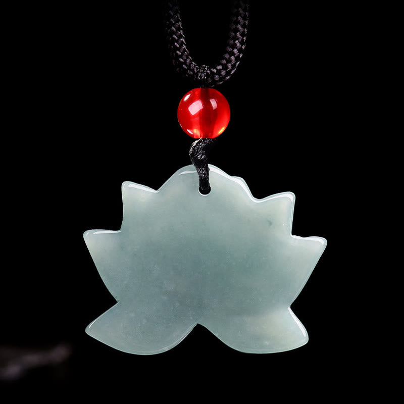 Wear FengShui Lotus Flower Pattern Carved Jade Prosperity Necklace Pendant
