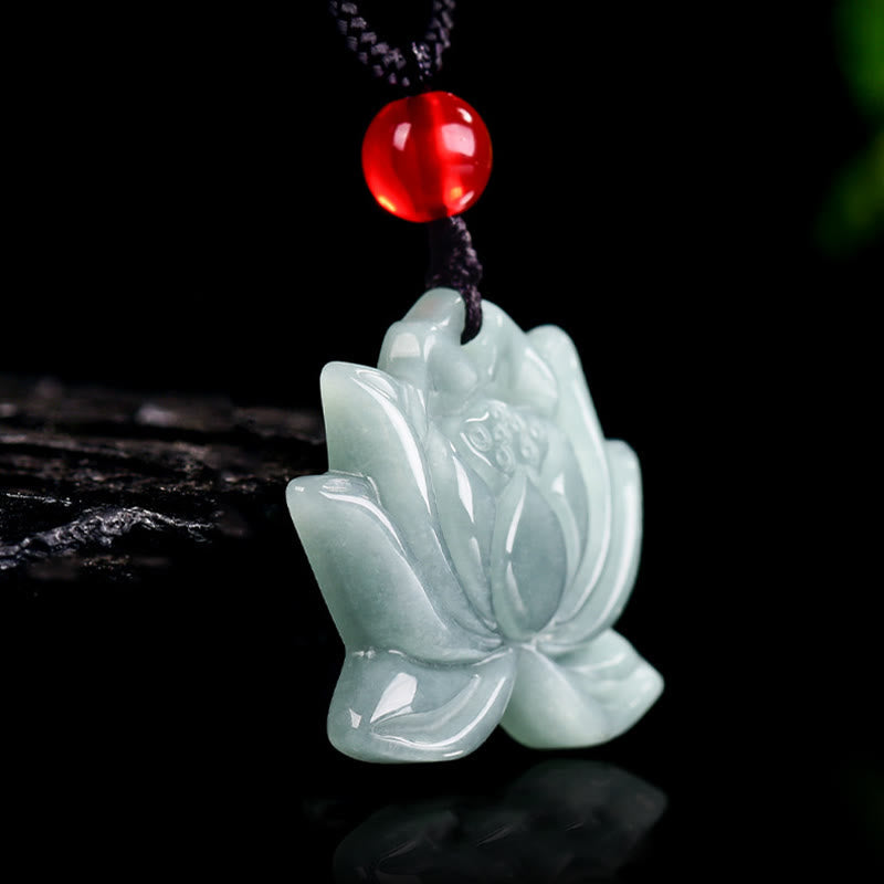 Wear FengShui Lotus Flower Pattern Carved Jade Prosperity Necklace Pendant