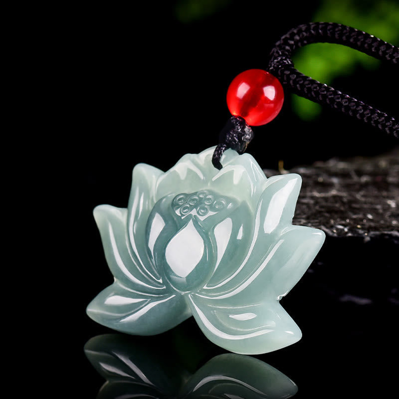 Wear FengShui Lotus Flower Pattern Carved Jade Prosperity Necklace Pendant