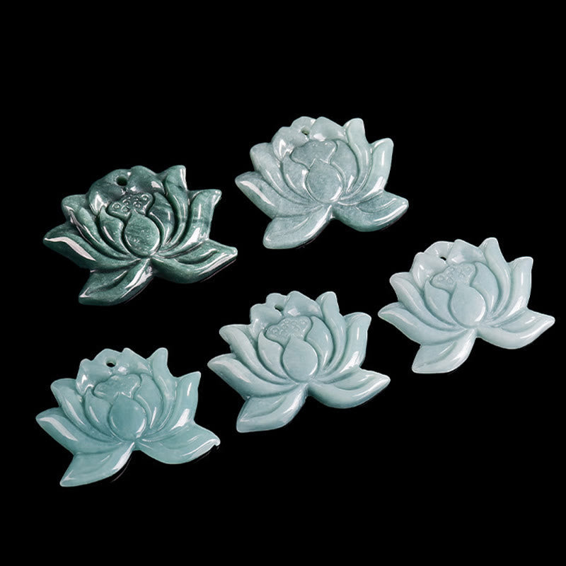Wear FengShui Lotus Flower Pattern Carved Jade Prosperity Necklace Pendant