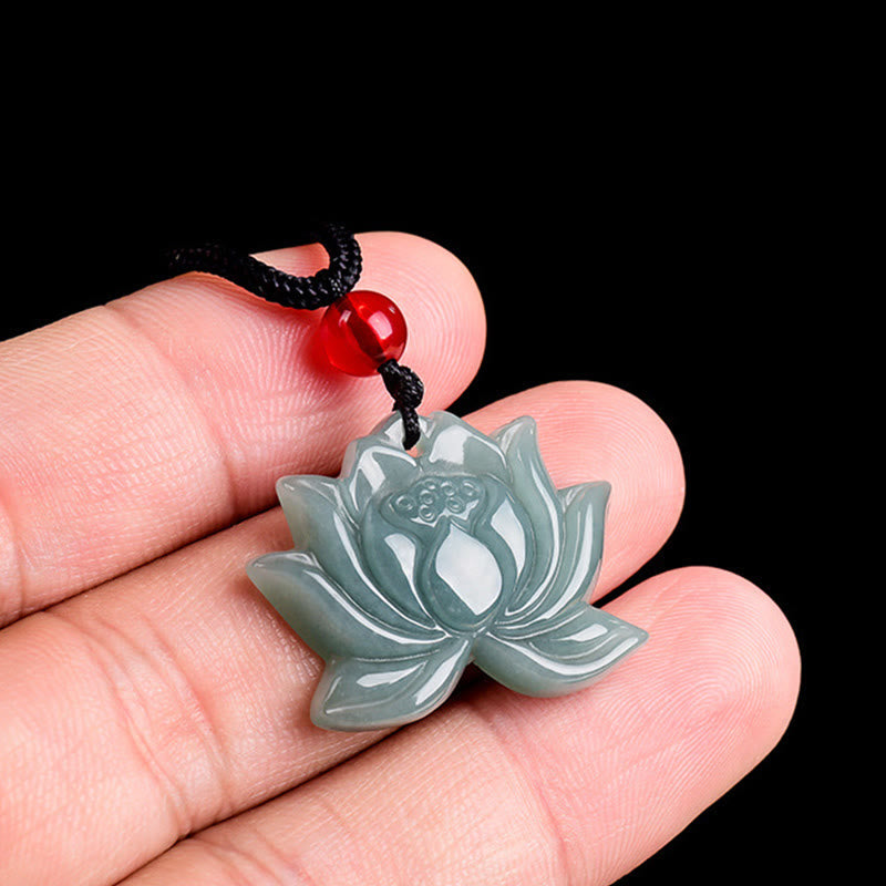 Wear FengShui Lotus Flower Pattern Carved Jade Prosperity Necklace Pendant