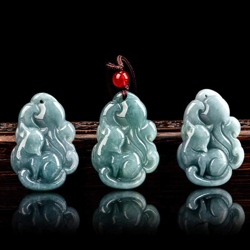 Wear FengShui Natural Green Jade Nine Tailed Fox Fairy Prosperity Necklace Pendant
