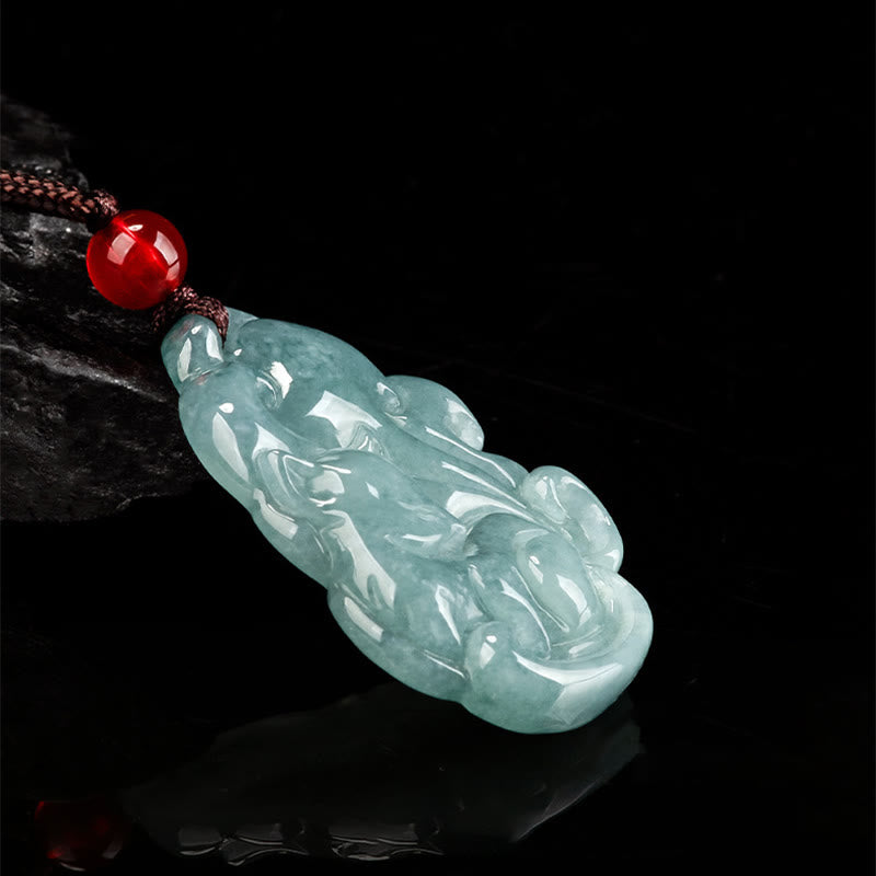 Wear FengShui Natural Green Jade Nine Tailed Fox Fairy Prosperity Necklace Pendant