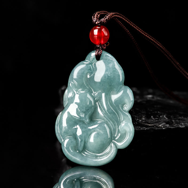 Wear FengShui Natural Green Jade Nine Tailed Fox Fairy Prosperity Necklace Pendant