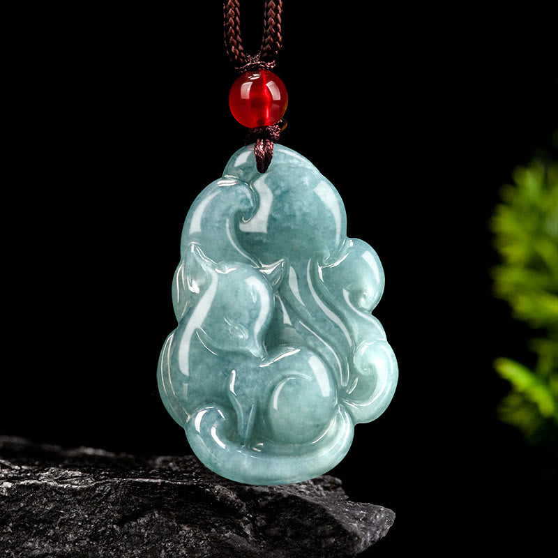 Wear FengShui Natural Green Jade Nine Tailed Fox Fairy Prosperity Necklace Pendant