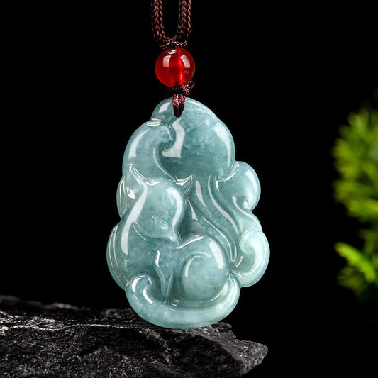 Wear FengShui Natural Green Jade Nine Tailed Fox Fairy Prosperity Necklace Pendant