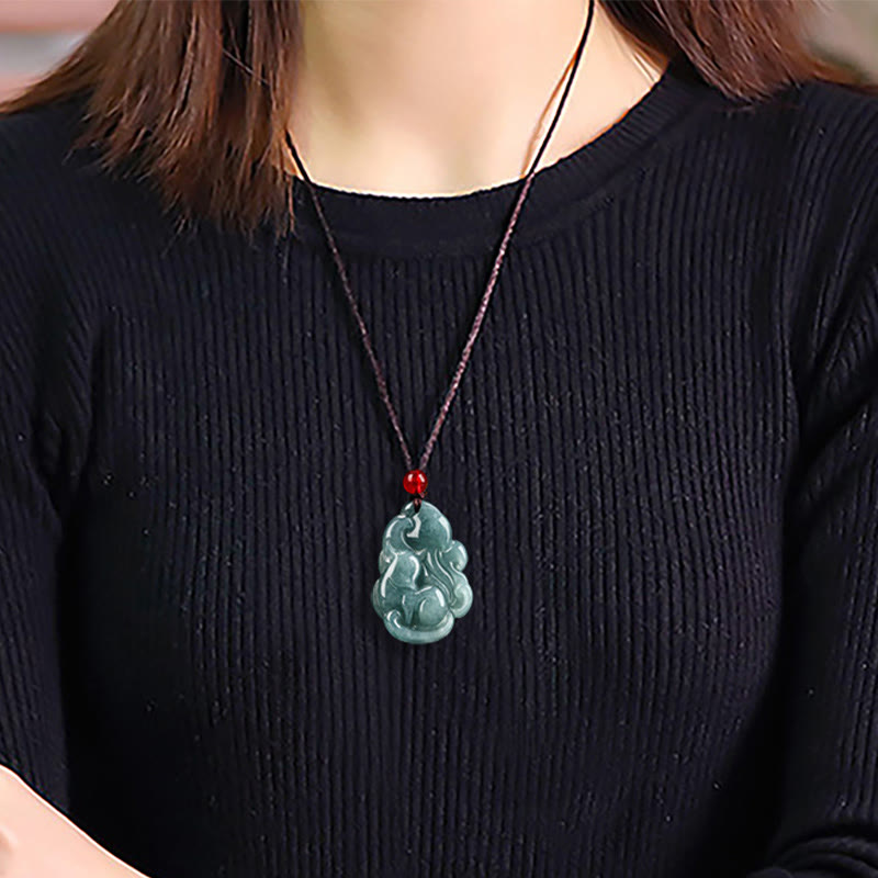 Wear FengShui Natural Green Jade Nine Tailed Fox Fairy Prosperity Necklace Pendant