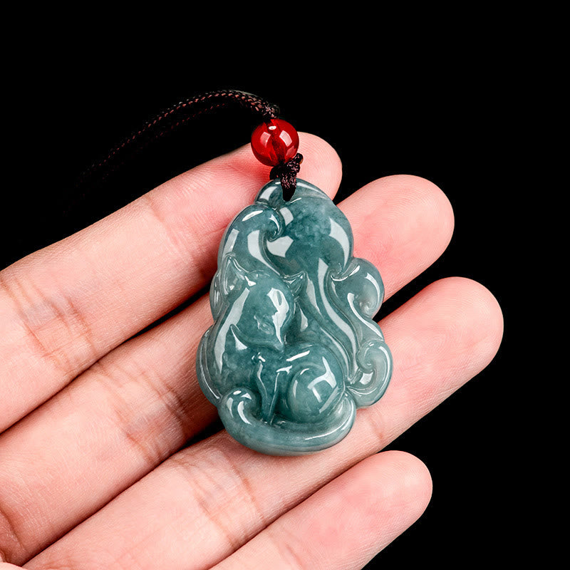 Wear FengShui Natural Green Jade Nine Tailed Fox Fairy Prosperity Necklace Pendant