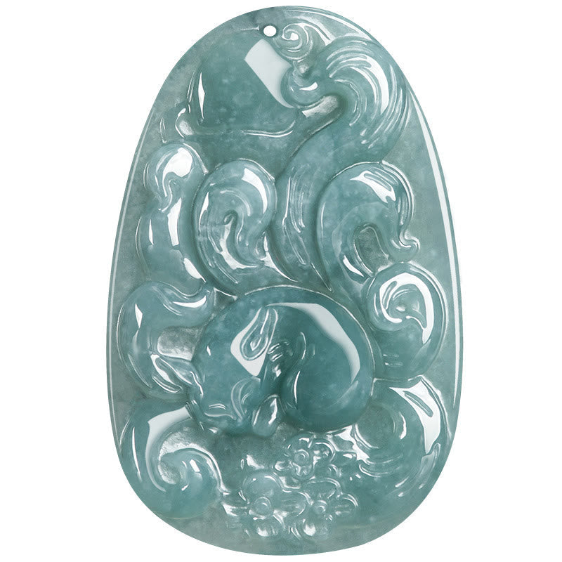 Wear FengShui Natural Green Jade Nine Tailed Fox Flowers Luck Necklace Pendant
