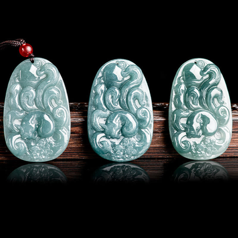Wear FengShui Natural Green Jade Nine Tailed Fox Flowers Luck Necklace Pendant