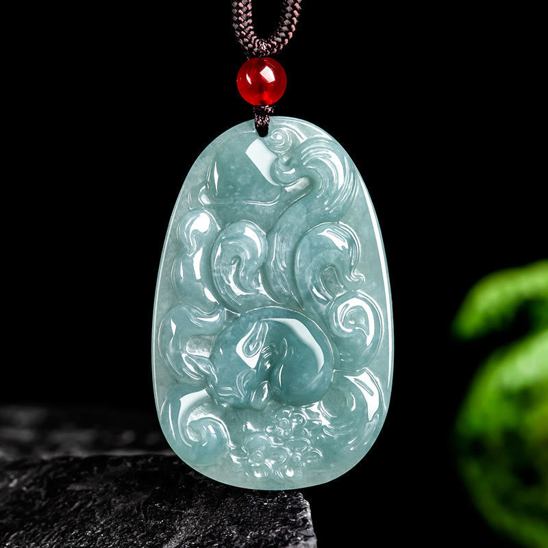 Wear FengShui Natural Green Jade Nine Tailed Fox Flowers Luck Necklace Pendant