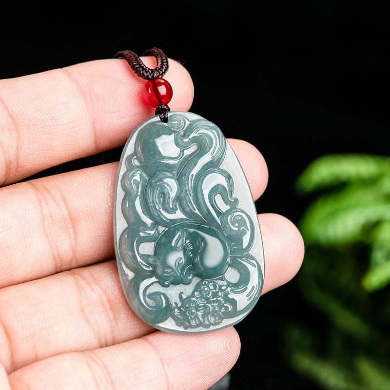 Wear FengShui Natural Green Jade Nine Tailed Fox Flowers Luck Necklace Pendant