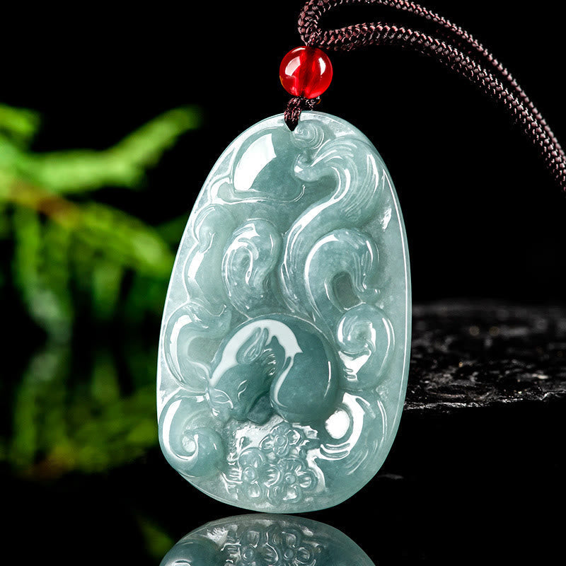 Wear FengShui Natural Green Jade Nine Tailed Fox Flowers Luck Necklace Pendant