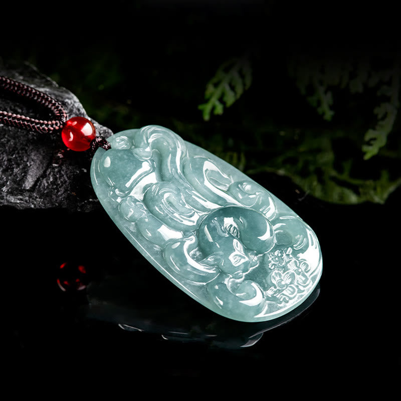 Wear FengShui Natural Green Jade Nine Tailed Fox Flowers Luck Necklace Pendant