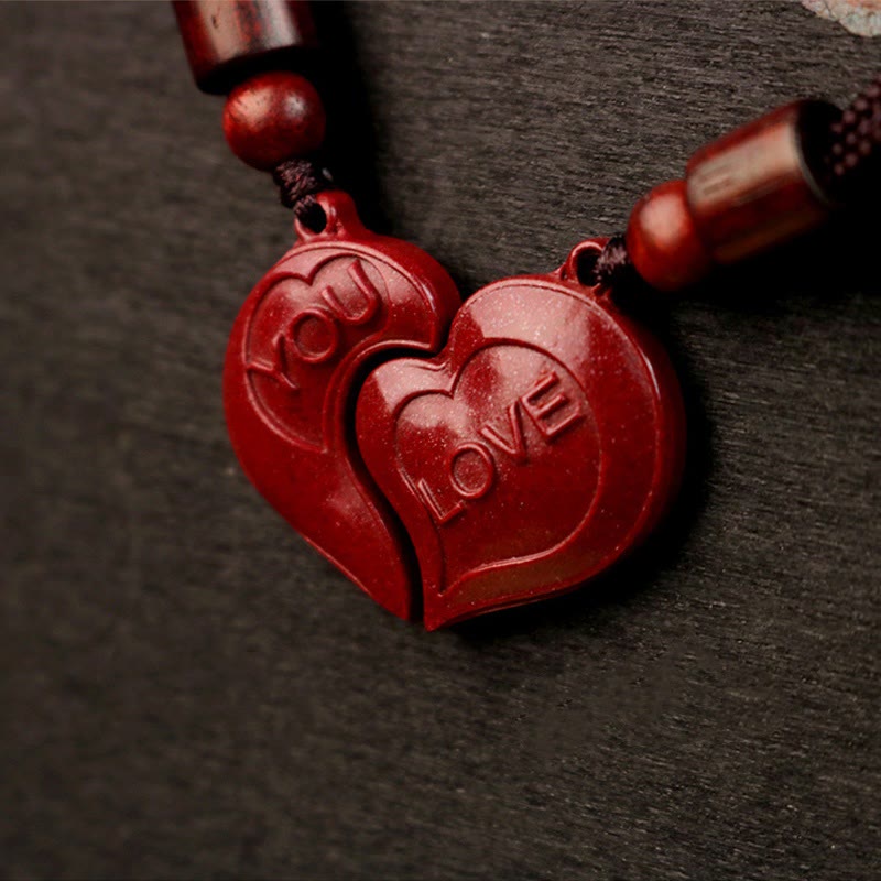 Wear FengShui 2Pcs LOVE YOU Natural Cinnabar Love Heart String Blessing Couple Necklace Pendant