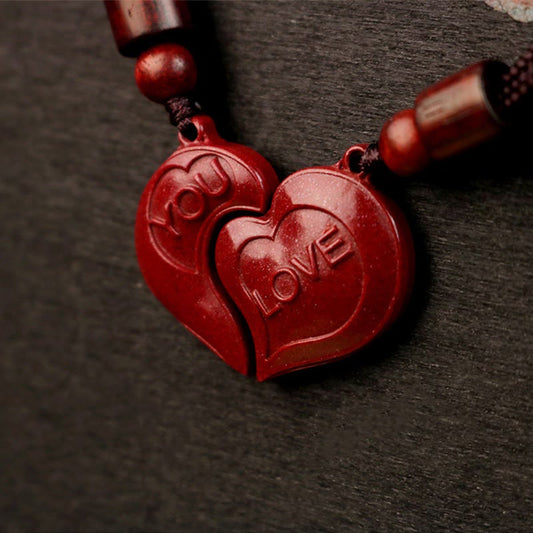 Wear FengShui 2Pcs LOVE YOU Natural Cinnabar Love Heart String Blessing Couple Necklace Pendant
