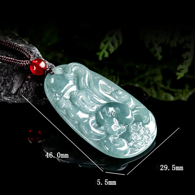 Wear FengShui Natural Green Jade Nine Tailed Fox Flowers Luck Necklace Pendant