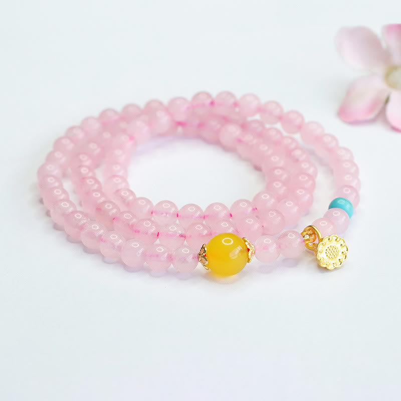Wear FengShui Pink Crystal Multi-Circle Yellow Chalcedony Lotus Warmth Bracelet