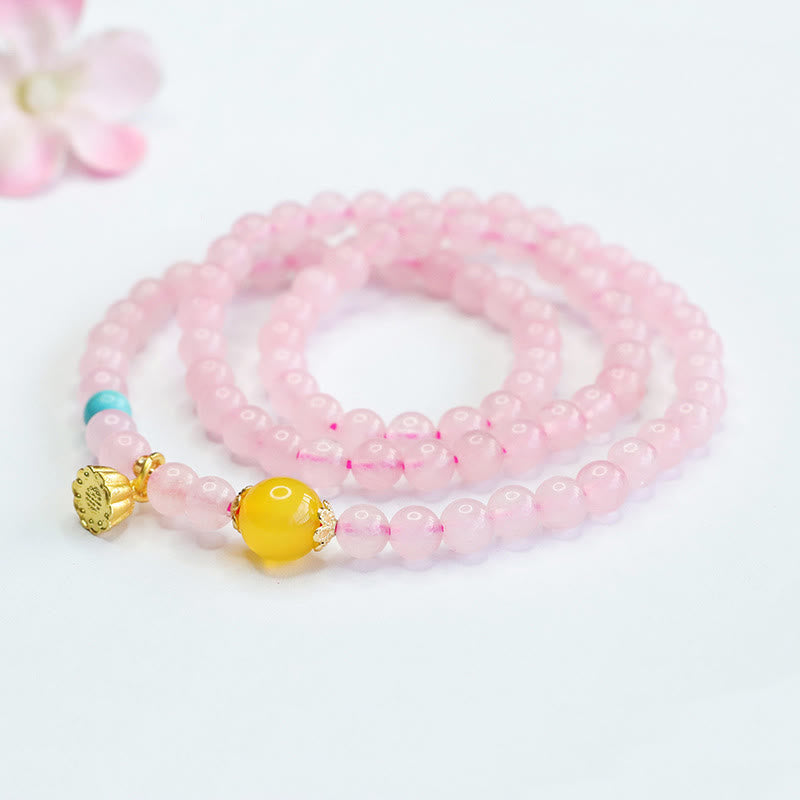 Wear FengShui Pink Crystal Multi-Circle Yellow Chalcedony Lotus Warmth Bracelet