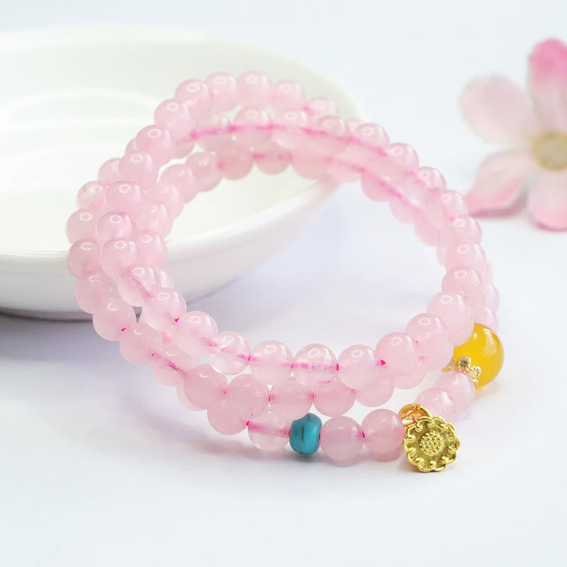 Wear FengShui Pink Crystal Multi-Circle Yellow Chalcedony Lotus Warmth Bracelet