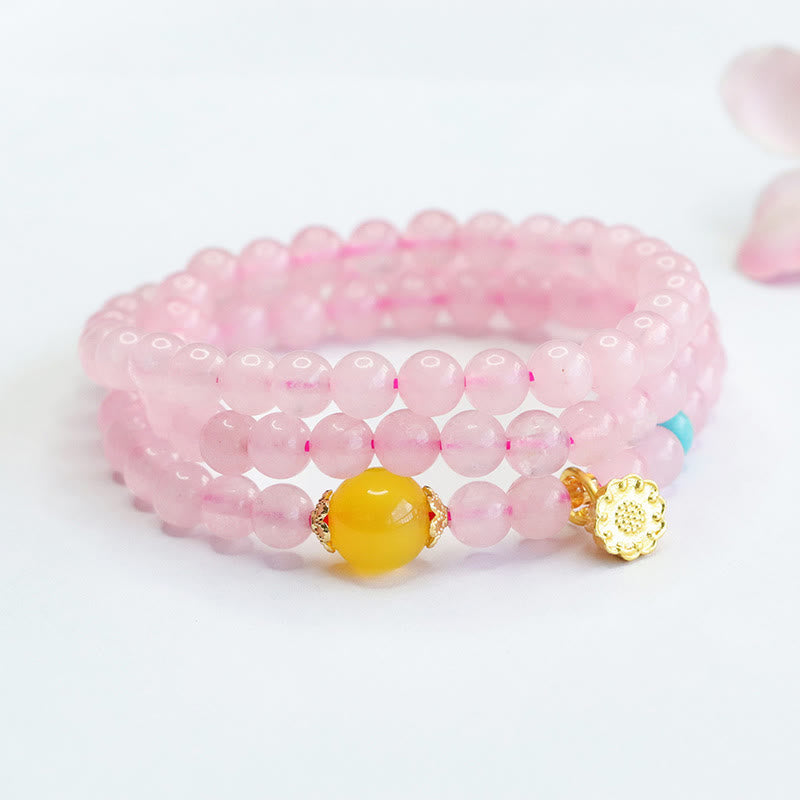Wear FengShui Pink Crystal Multi-Circle Yellow Chalcedony Lotus Warmth Bracelet
