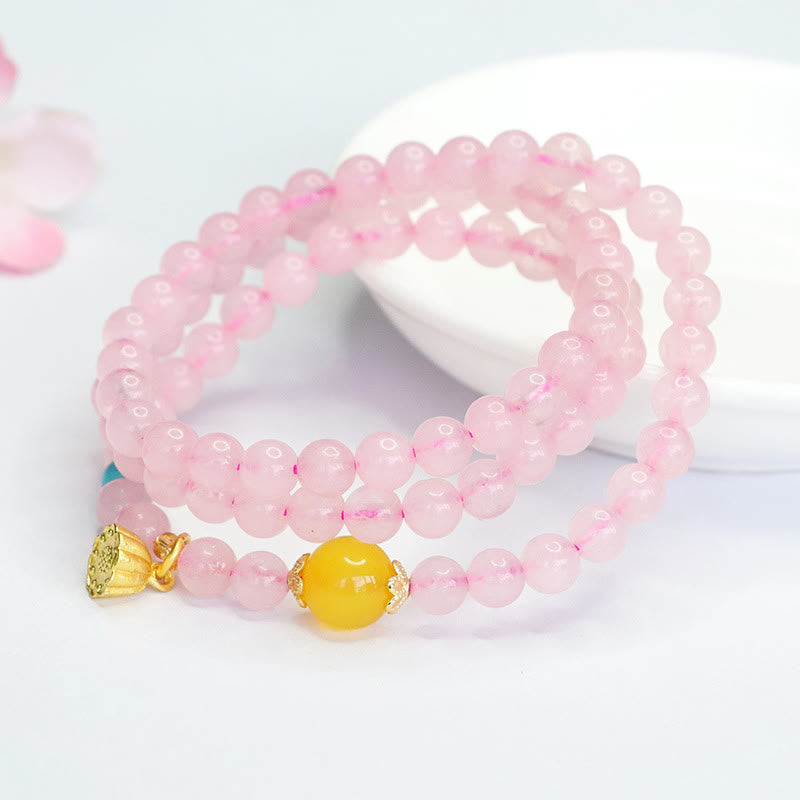 Wear FengShui Pink Crystal Multi-Circle Yellow Chalcedony Lotus Warmth Bracelet