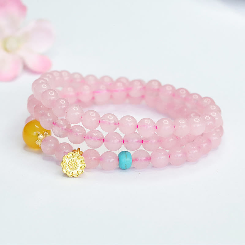 Wear FengShui Pink Crystal Multi-Circle Yellow Chalcedony Lotus Warmth Bracelet