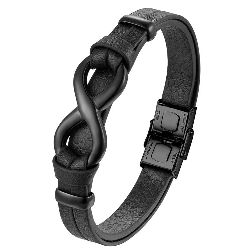 Wear FengShui Endless Knot Titanium Steel Strengthen Leather Buckle Bracelet