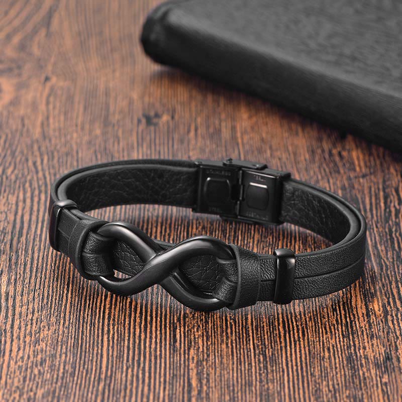 Wear FengShui Endless Knot Titanium Steel Strengthen Leather Buckle Bracelet