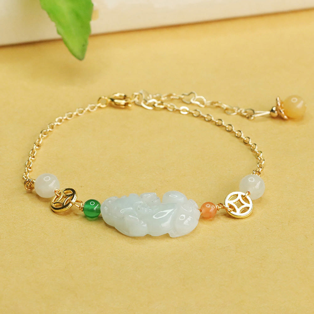 Wear FengShui Natural Jade PiXiu Carved Copper Coin Luck Chain Bracelet