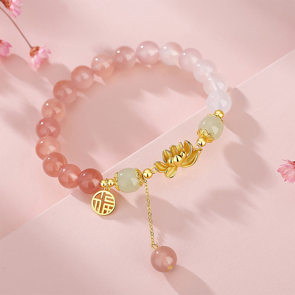 Wear FengShui 925 Sterling Silver Natural Gradient Agate Hetian Jade Lotus Fu Character Enlightenment Bracelet