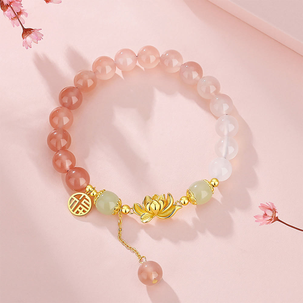 Wear FengShui 925 Sterling Silver Natural Gradient Agate Hetian Jade Lotus Fu Character Enlightenment Bracelet