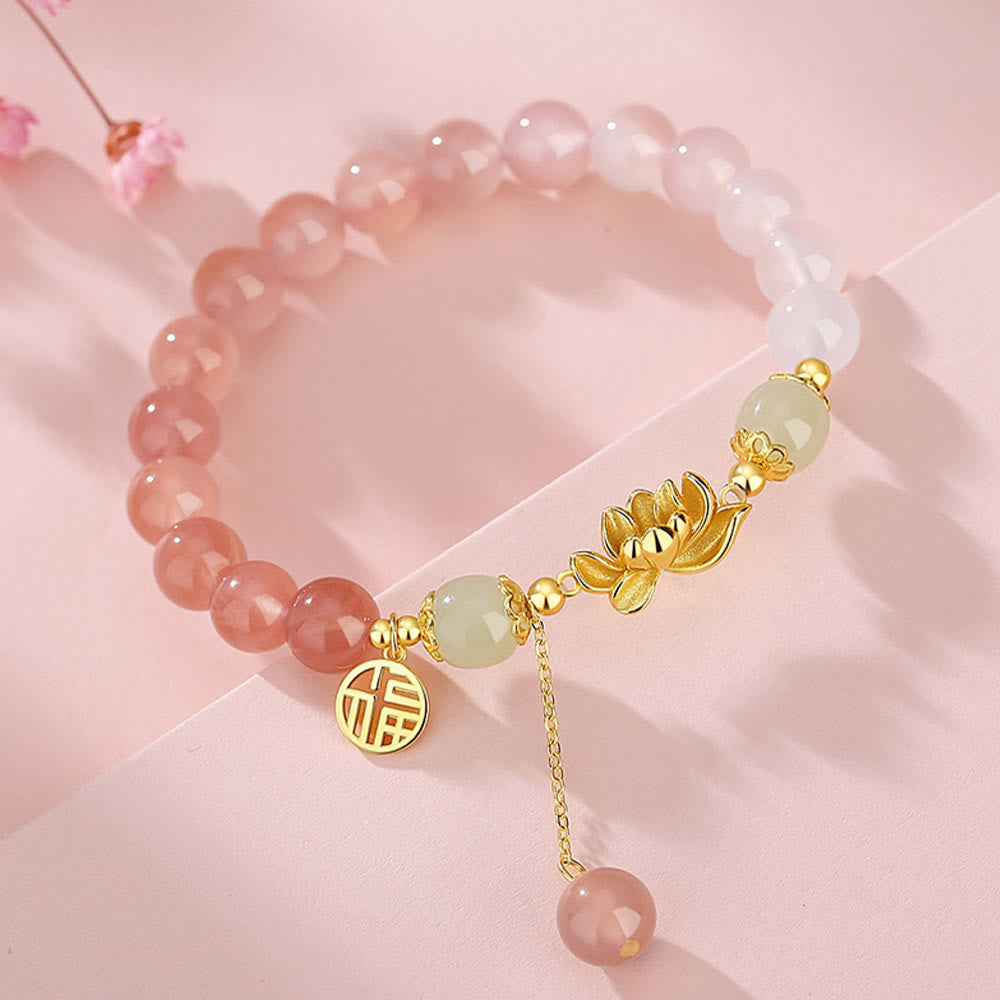 Wear FengShui 925 Sterling Silver Natural Gradient Agate Hetian Jade Lotus Fu Character Enlightenment Bracelet