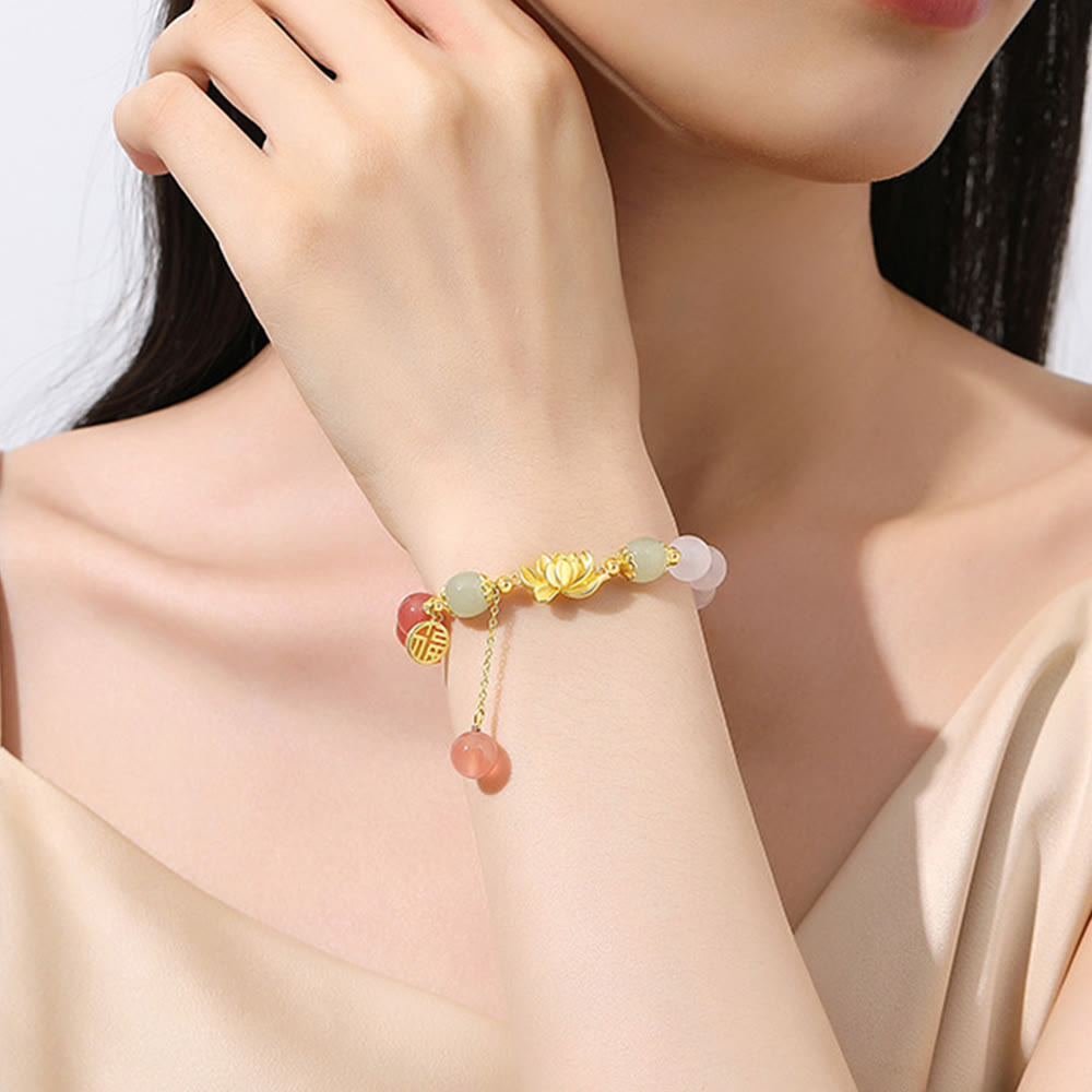 Wear FengShui 925 Sterling Silver Natural Gradient Agate Hetian Jade Lotus Fu Character Enlightenment Bracelet