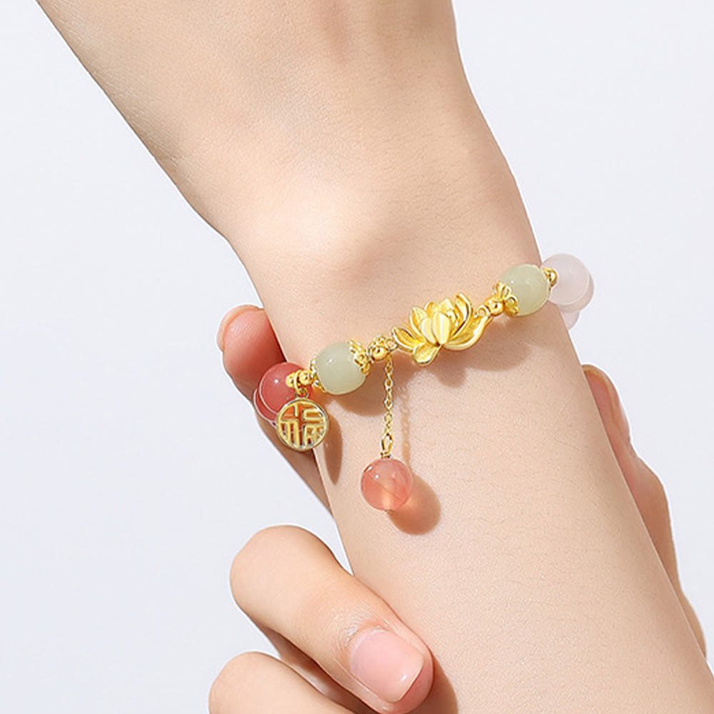 Wear FengShui 925 Sterling Silver Natural Gradient Agate Hetian Jade Lotus Fu Character Enlightenment Bracelet