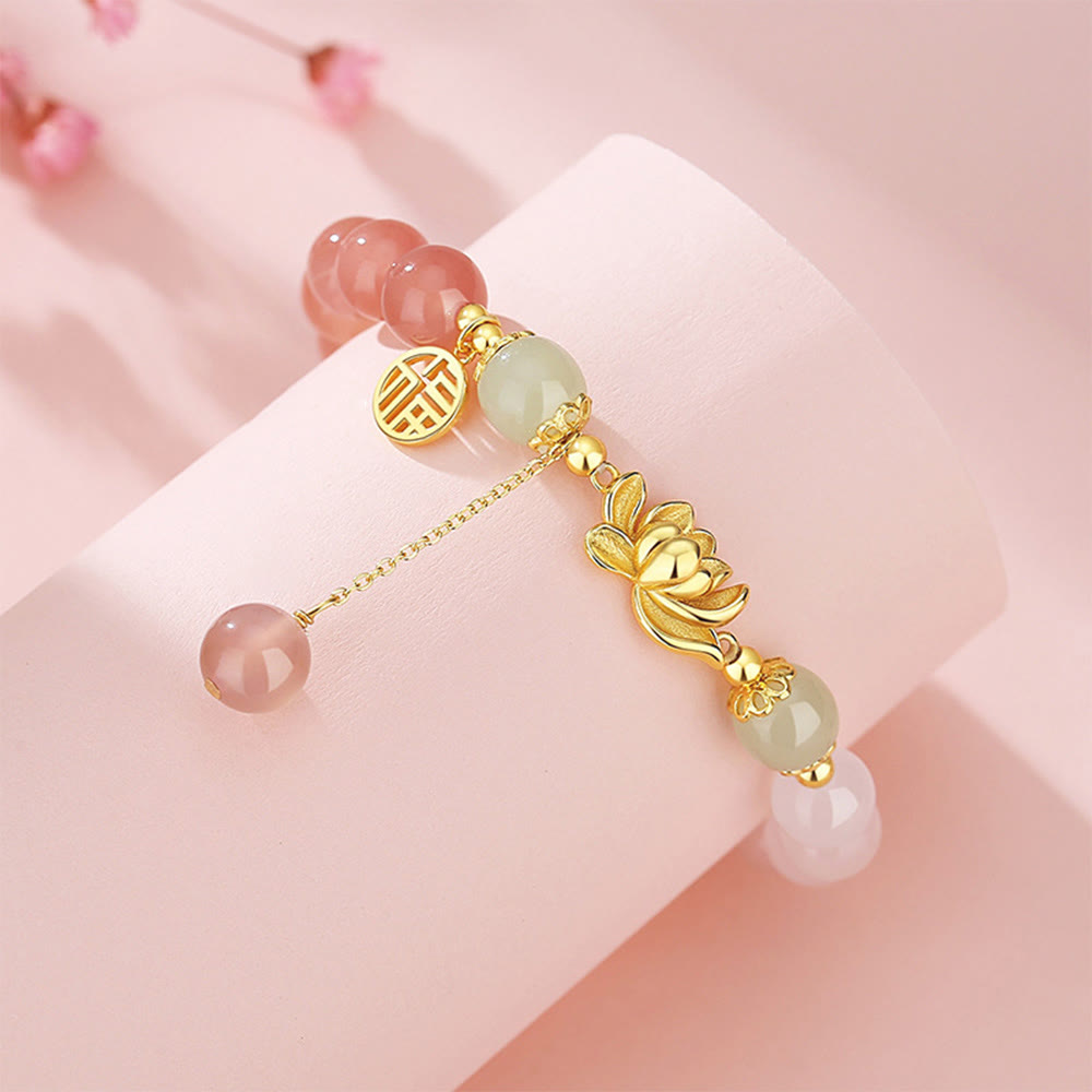 Wear FengShui 925 Sterling Silver Natural Gradient Agate Hetian Jade Lotus Fu Character Enlightenment Bracelet