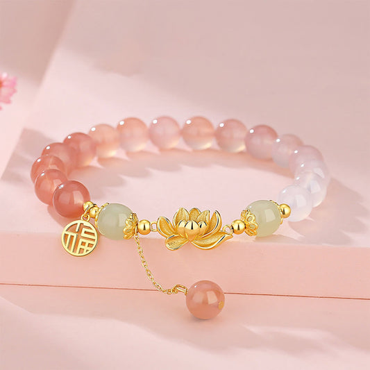 Wear FengShui 925 Sterling Silver Natural Gradient Agate Hetian Jade Lotus Fu Character Enlightenment Bracelet