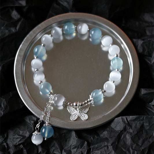 Wear FengShui Cat's Eye Aquamarine Butterfly Charm Support Bracelet