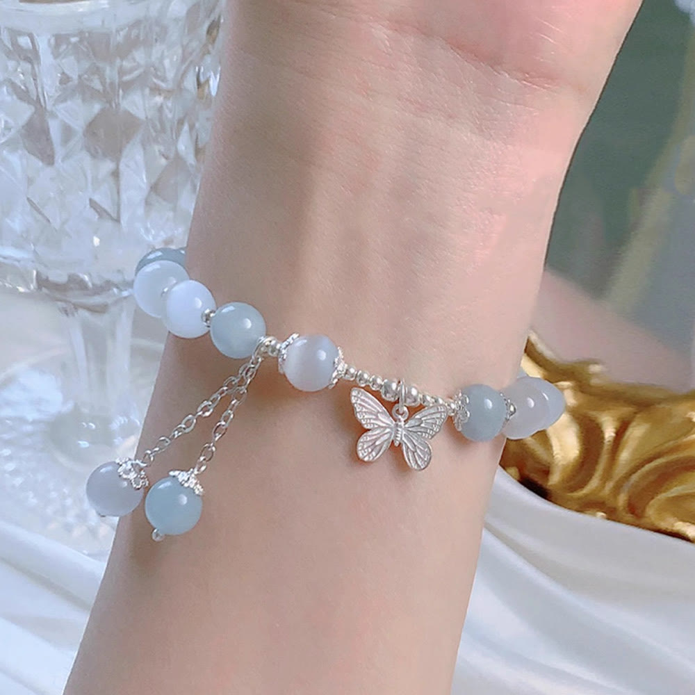 Wear FengShui Cat's Eye Aquamarine Butterfly Charm Support Bracelet