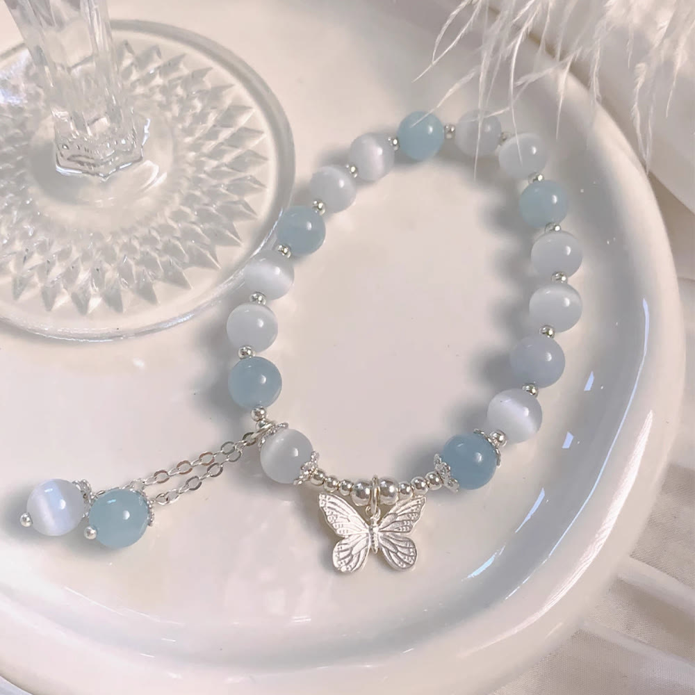 Wear FengShui Cat's Eye Aquamarine Butterfly Charm Support Bracelet