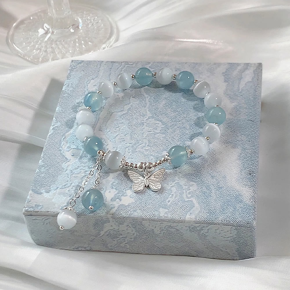 Wear FengShui Cat's Eye Aquamarine Butterfly Charm Support Bracelet
