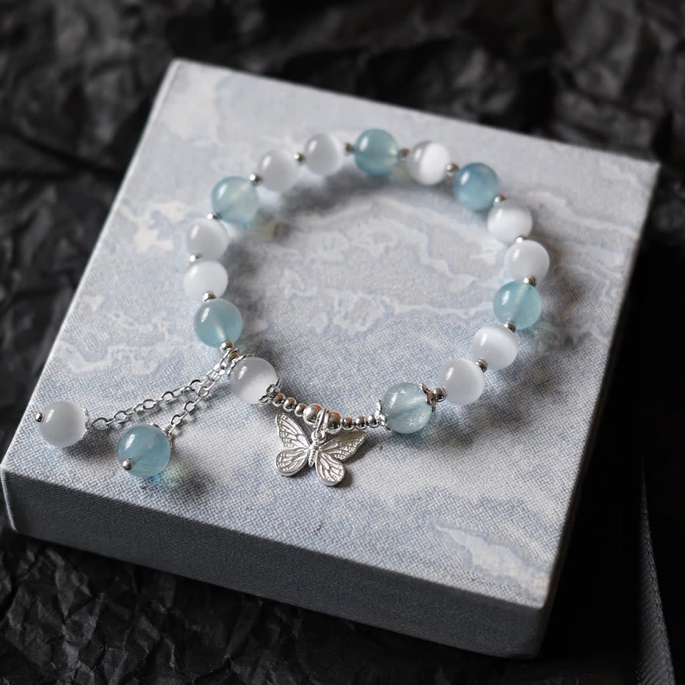 Wear FengShui Cat's Eye Aquamarine Butterfly Charm Support Bracelet