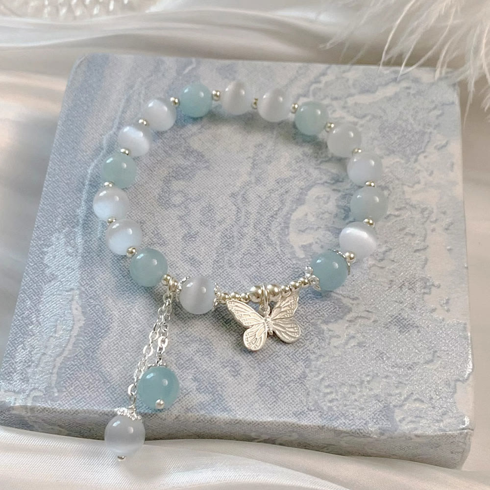 Wear FengShui Cat's Eye Aquamarine Butterfly Charm Support Bracelet